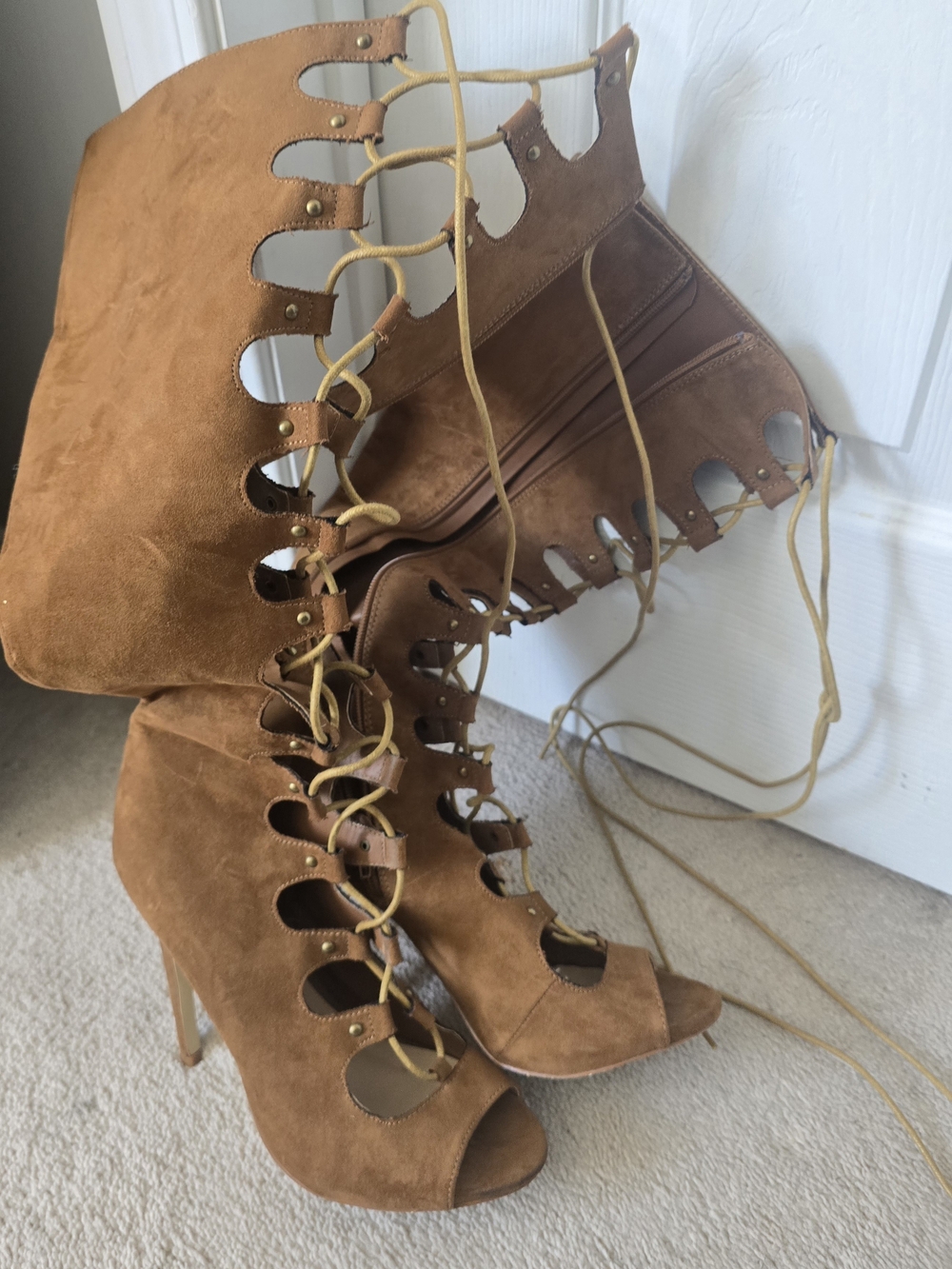 JustFab Tan Suede Lace-Up Peep-Toe High Heels